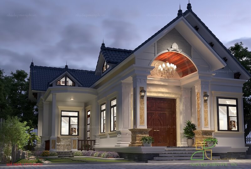 Phối cảnh 3D nhà 1 tầng 1 tum ban đêm