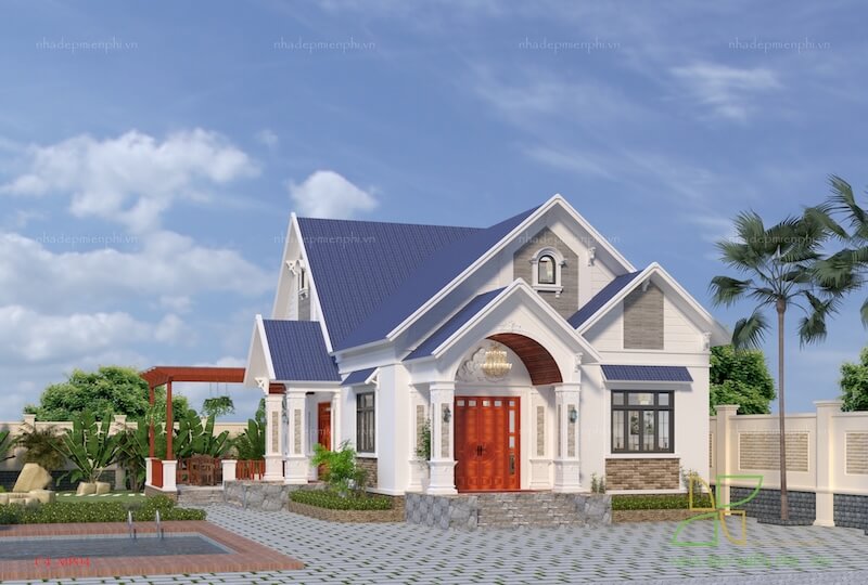 Phối cảnh nhà mái Thái với sân vườn rộng rãi, thoáng mát