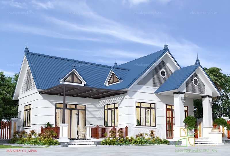 Mẫu thiết kế nhà cấp 4 mái Thái đẹp với tone trắng xanh