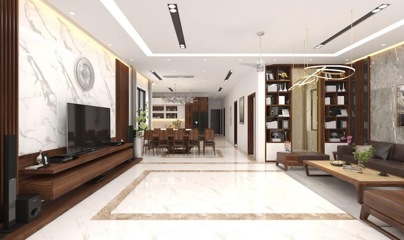 Mẫu phòng khách nhà cấp 4 30m2 với tone nâu trấm ấm