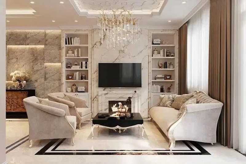 Phòng khách 15m2 với thiết kế tân cổ điển đẹp, sang trọng