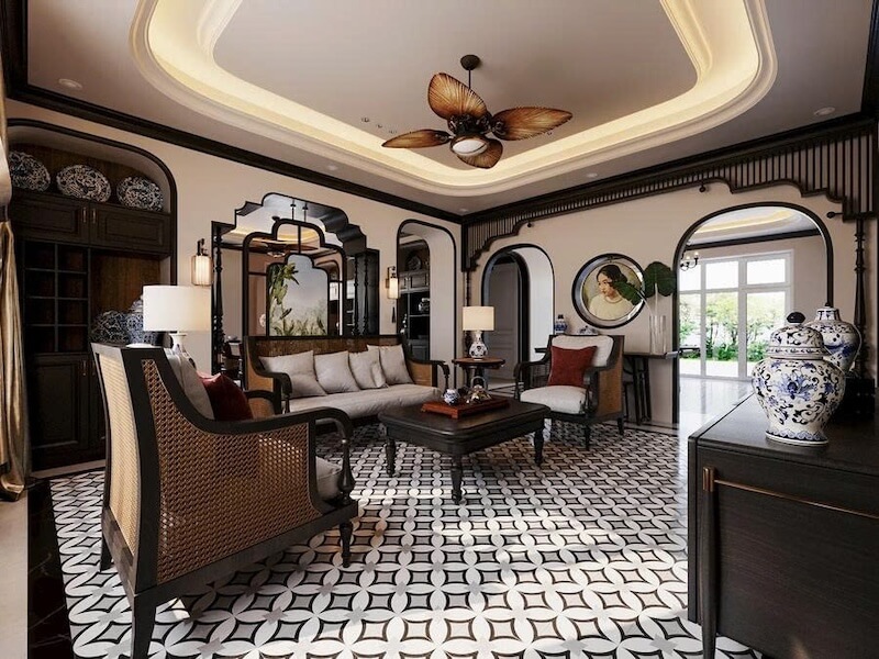 Phòng khách nhà cấp 4 32m2 mang phong cách indochine