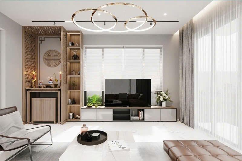 Thiết kế phòng khách nhà cấp 4 20m2 với tone trắng chủ đạo