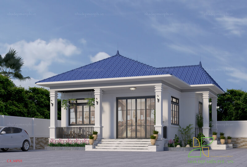 Hình khối trải ngang kết hợp mái Nhật dốc vừa, mái đua rộng và khoảng hiên giúp tổng thể cân đối