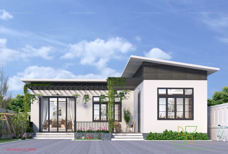 Mẫu thiết kế nhà cấp 4 mái lệch chữ L đẹp, tinh tế