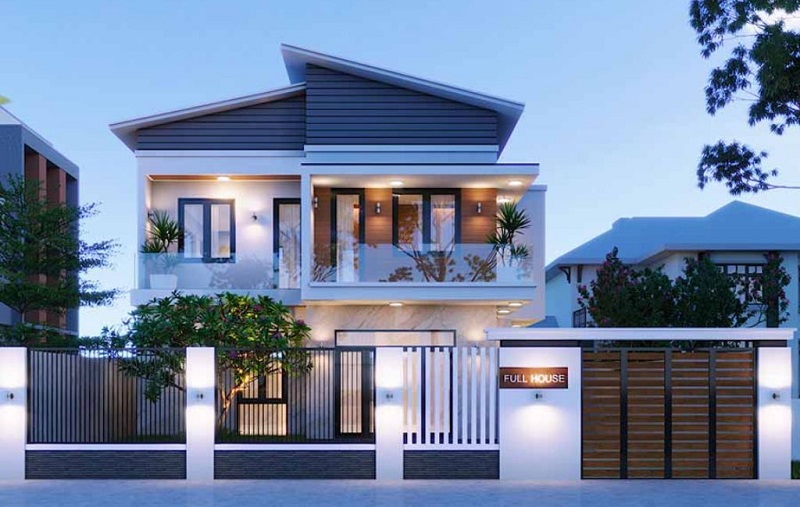 Mẫu nhà 2 tầng được thiết kế mái lệch