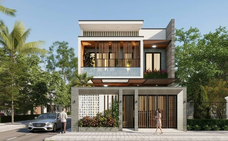 Mẫu thiết kế nhà 2 tầng mái bằng hiện đại với ban công rộng rãi