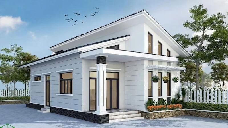 Nhà cấp 4 mái lệch nổi bật với tone trắng