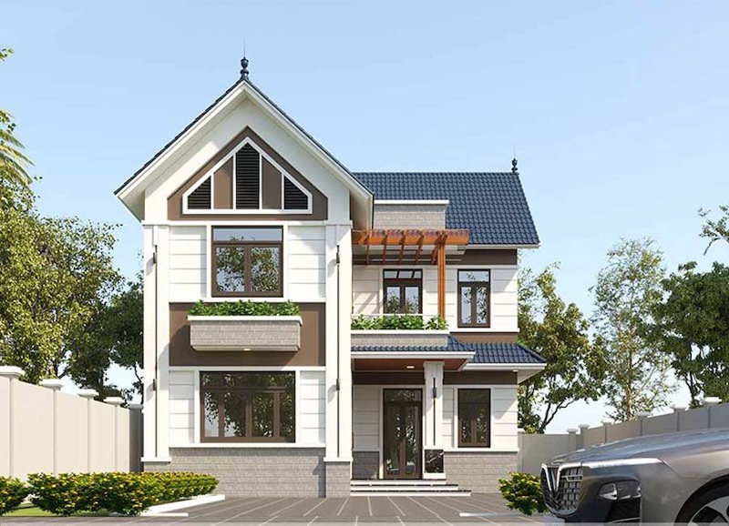Thiết kế nhà 2 tầng mái Thái chữ L hiện đại đẹp, tinh tế