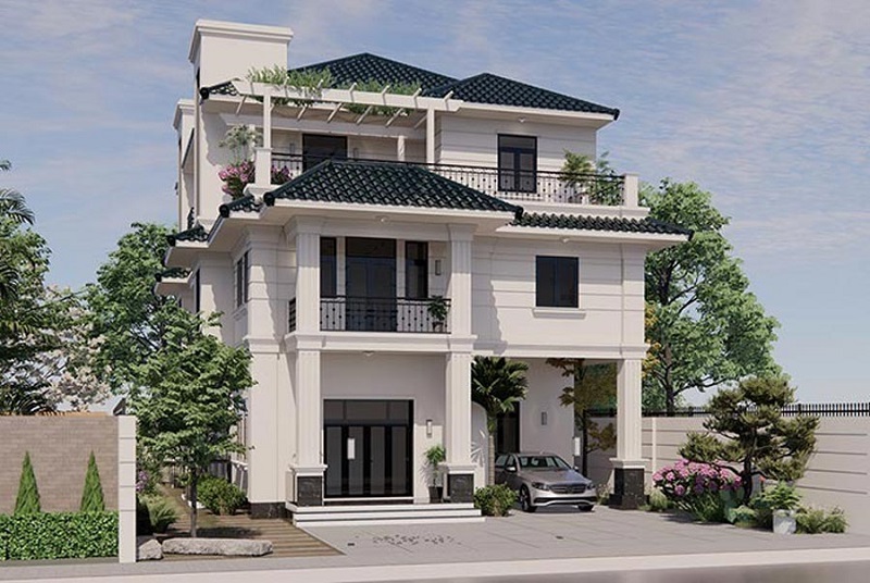 Thiết kế nhà 3 tầng mái Nhật thanh lịch