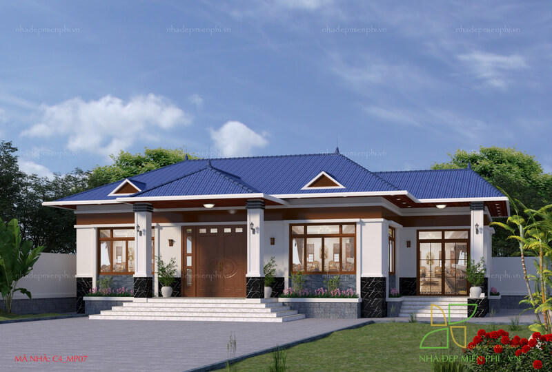 Thiết kế sử dụng hệ mái Nhật xanh lam phân cấp, kết hợp mái đua rộng tạo chiều sâu cho mặt